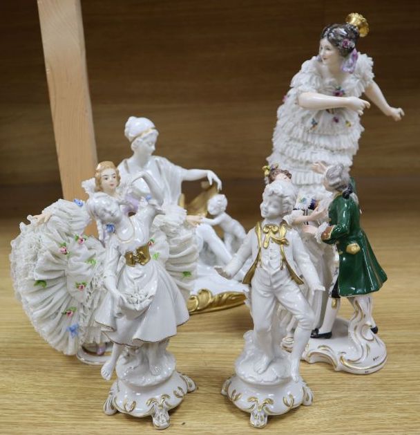 A group of six Continental porcelain figures, tallest 30cm